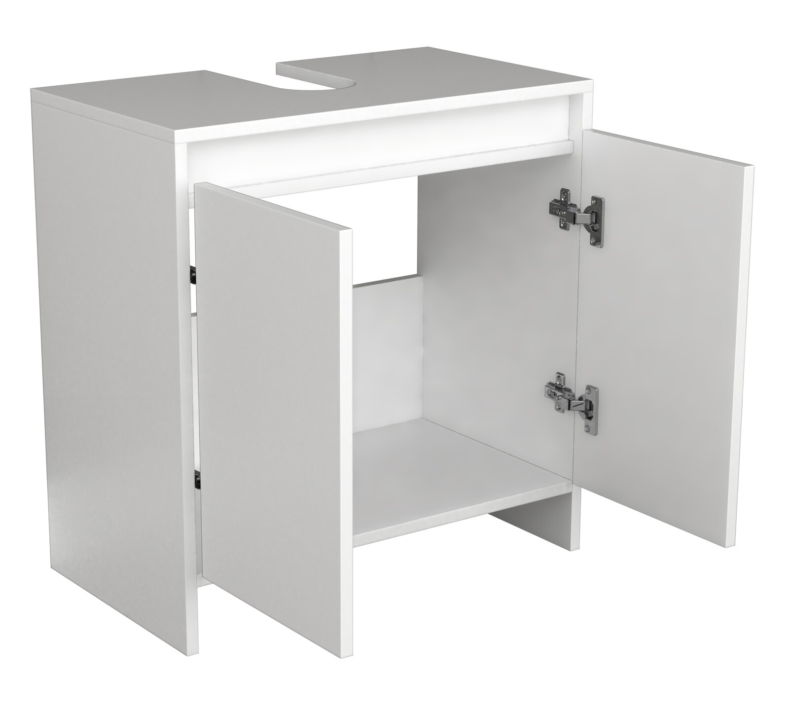 Weißer Waschbecken-Unterschrank mit zwei geöffneten Türen und Aussparung für den Siphon, Innenfach sichtbar, Perspektive: schräg von vorne rechts (3/4-Ansicht)