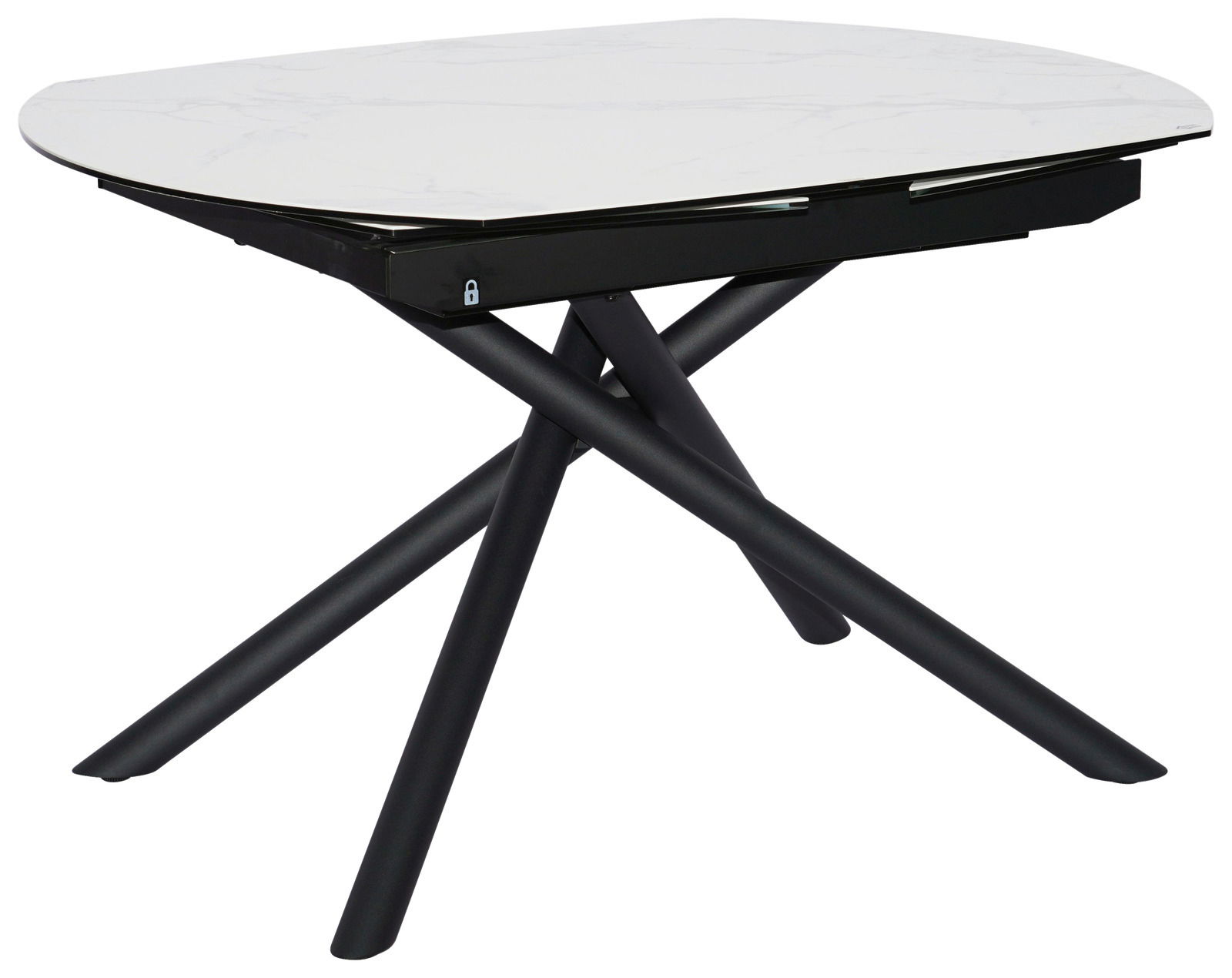 Moderner Esstisch mit weißer Marmoroptik-Tischplatte und schwarzen, überkreuzten Beinen, seitliche Perspektive