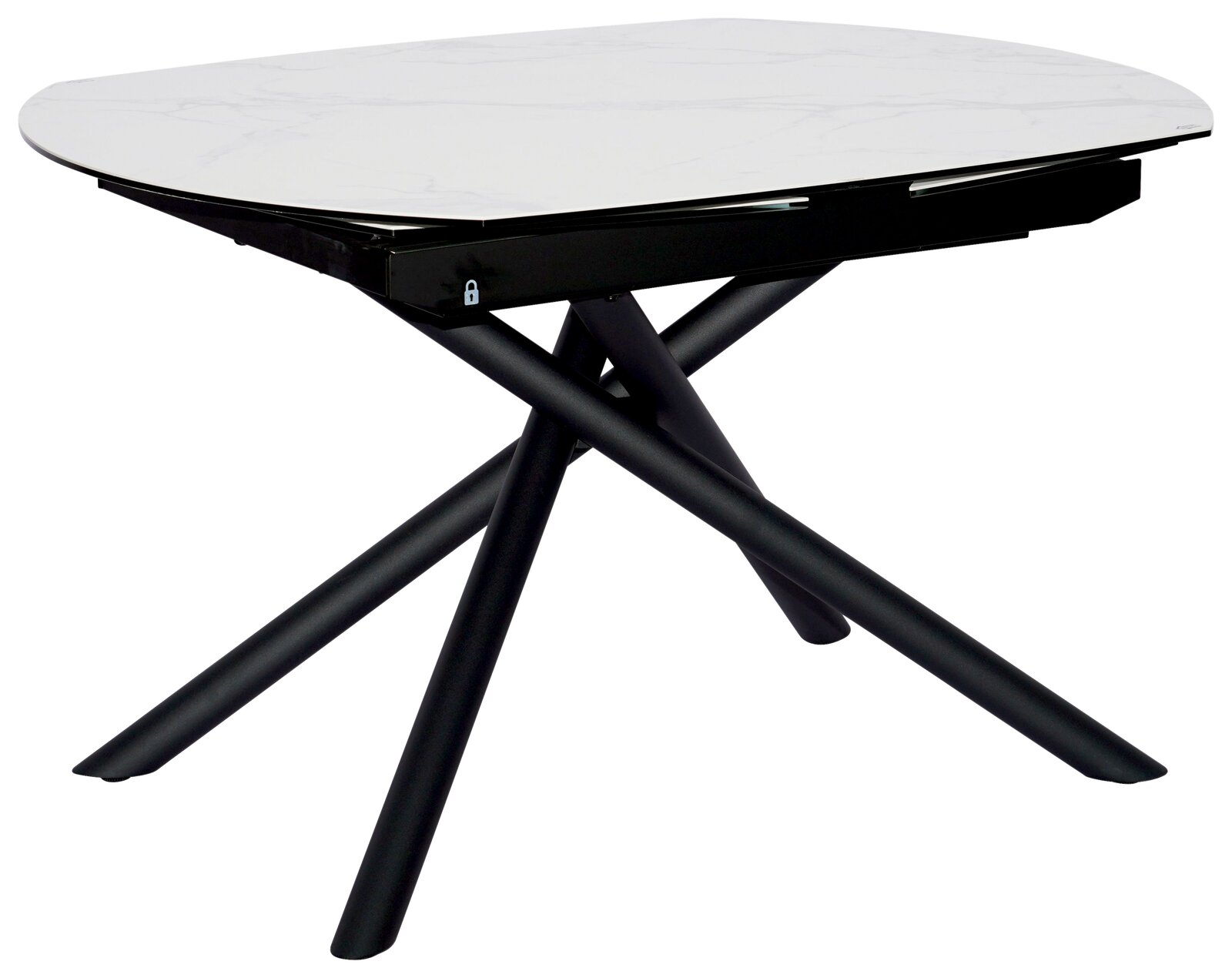 Moderner Esstisch mit weißer Marmoroptik-Tischplatte und schwarzen, überkreuzten Beinen, seitliche Perspektive