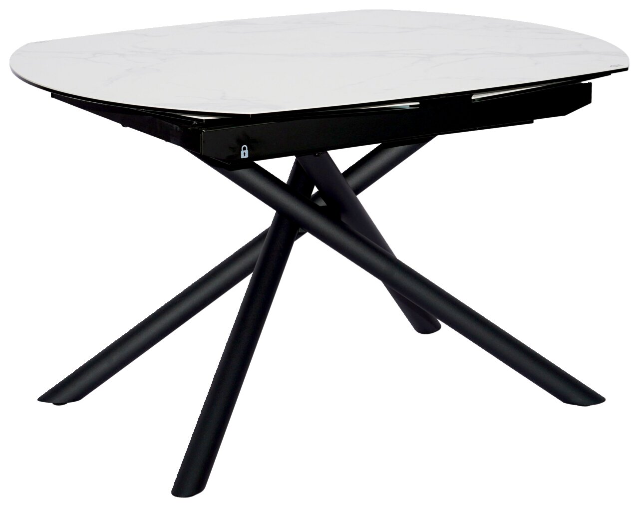 Moderner Esstisch mit weißer Marmoroptik-Tischplatte und schwarzen, überkreuzten Beinen, seitliche Perspektive