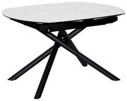 Moderne eettafel met een tafelblad in witte marmerlook en zwarte, gekruiste poten, zijaanzicht