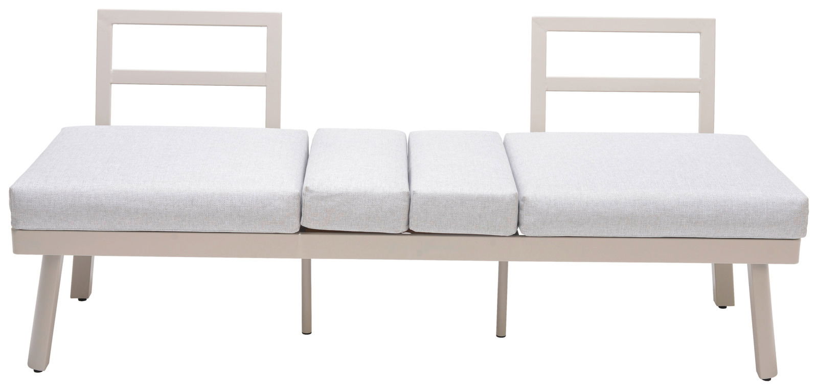 Frontale Ansicht einer Lounge-Kombination mit hellgrauen Kissen und Metallrahmen.