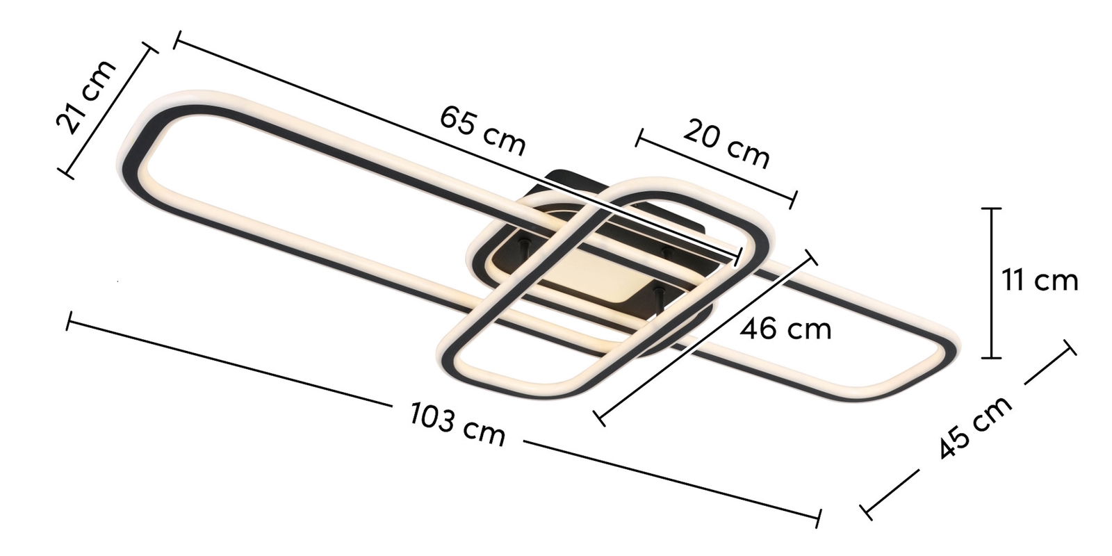 Moderne LED-Deckenleuchte mit geometrischem Design, seitliche Perspektive