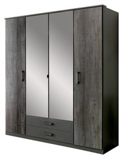 Moderner Drehtürenschrank mit vier Türen, zwei davon mit Spiegel, in dunkler Holzoptik, seitliche Perspektive