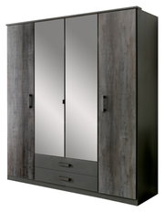 Moderner Drehtürenschrank mit vier Türen, zwei davon mit Spiegel, in dunkler Holzoptik, seitliche Perspektive