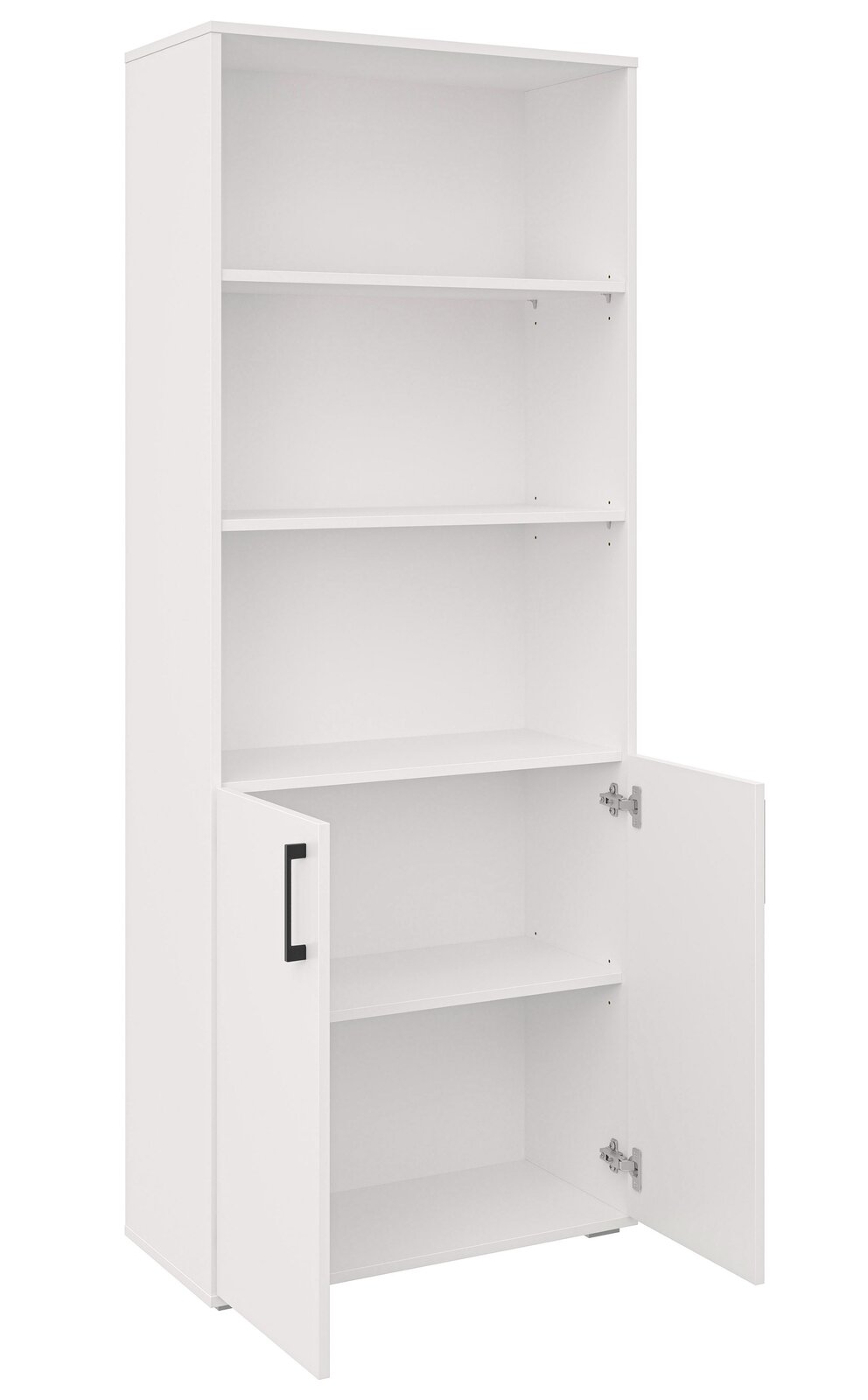 Weißer, hoher Aufbewahrungsschrank mit offenen Regalfächern oben und zwei geöffneten Türen unten, schwarze Griffe, Ansicht schräg von vorn