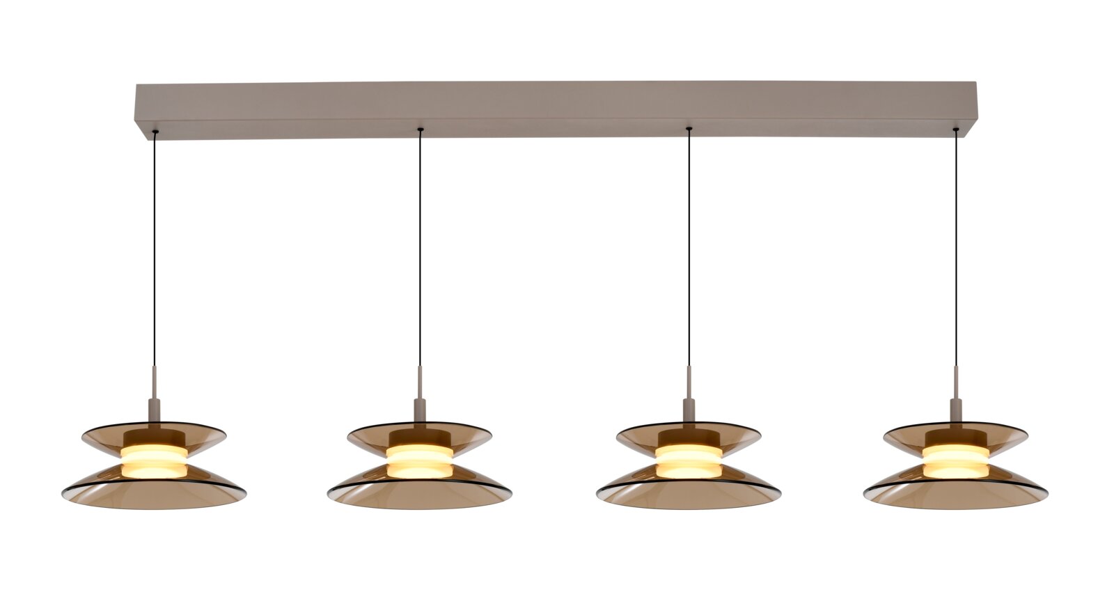 Moderne viervoudige hanglamp met amberkleurige glazen schijven en warmwitte verlichting, recht van voren afgebeeld.