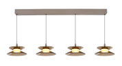 Moderne viervoudige hanglamp met amberkleurige glazen schijven en warmwitte verlichting, recht van voren afgebeeld.
