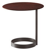 Moderner Beistelltisch mit runder, dunkler Holzplatte und Metallgestell, seitliche Perspektive