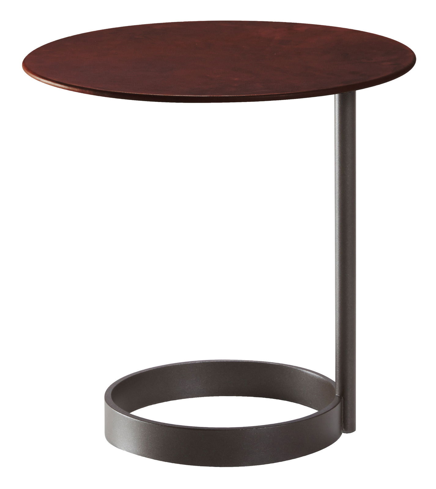 Moderner Beistelltisch mit runder, dunkler Holzplatte und Metallgestell, seitliche Perspektive
