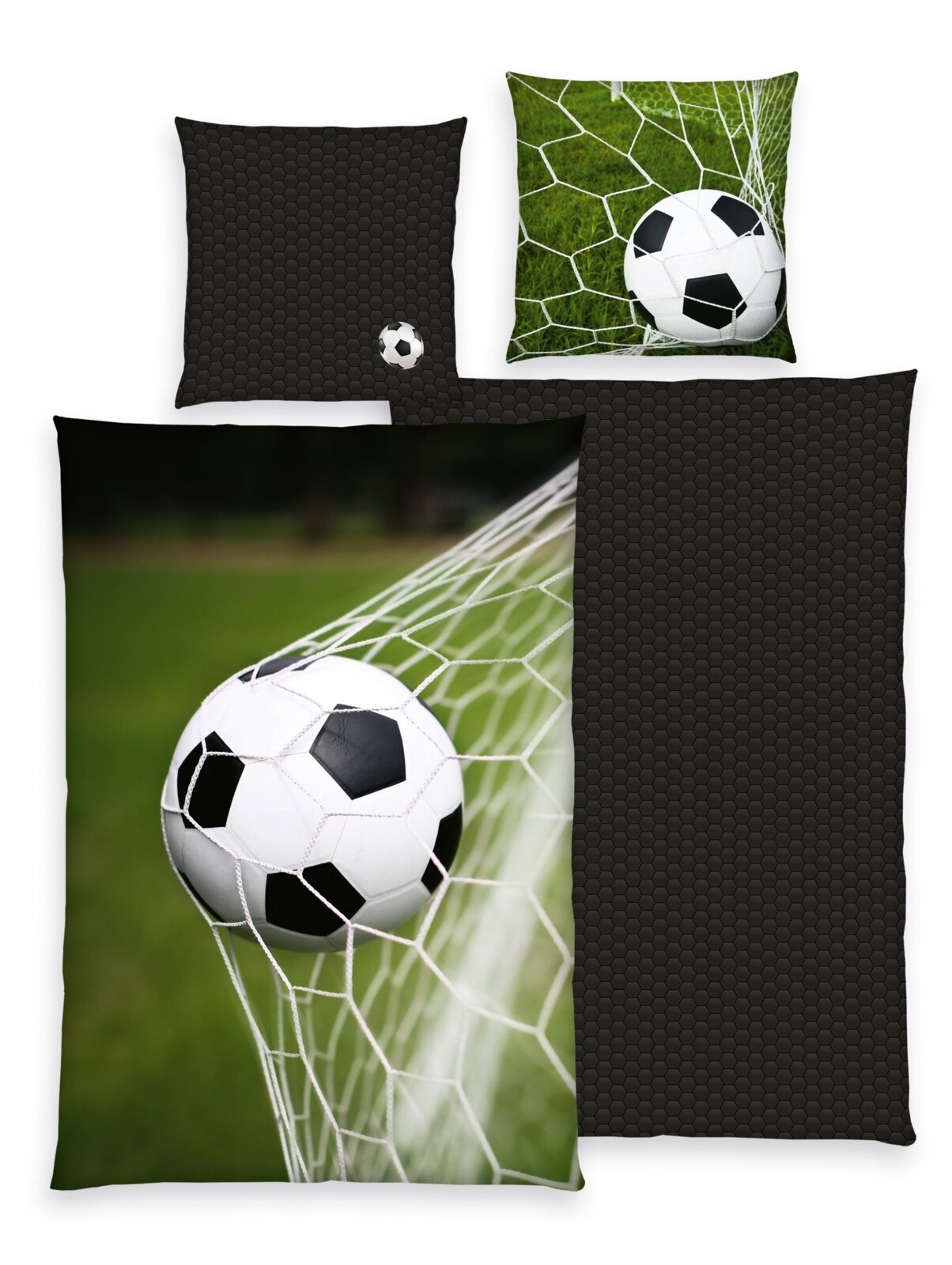 Renforcé-Bettwäsche mit Fußballmotiv, zeigt einen Fußball im Netz aus der Perspektive eines Torschusses.