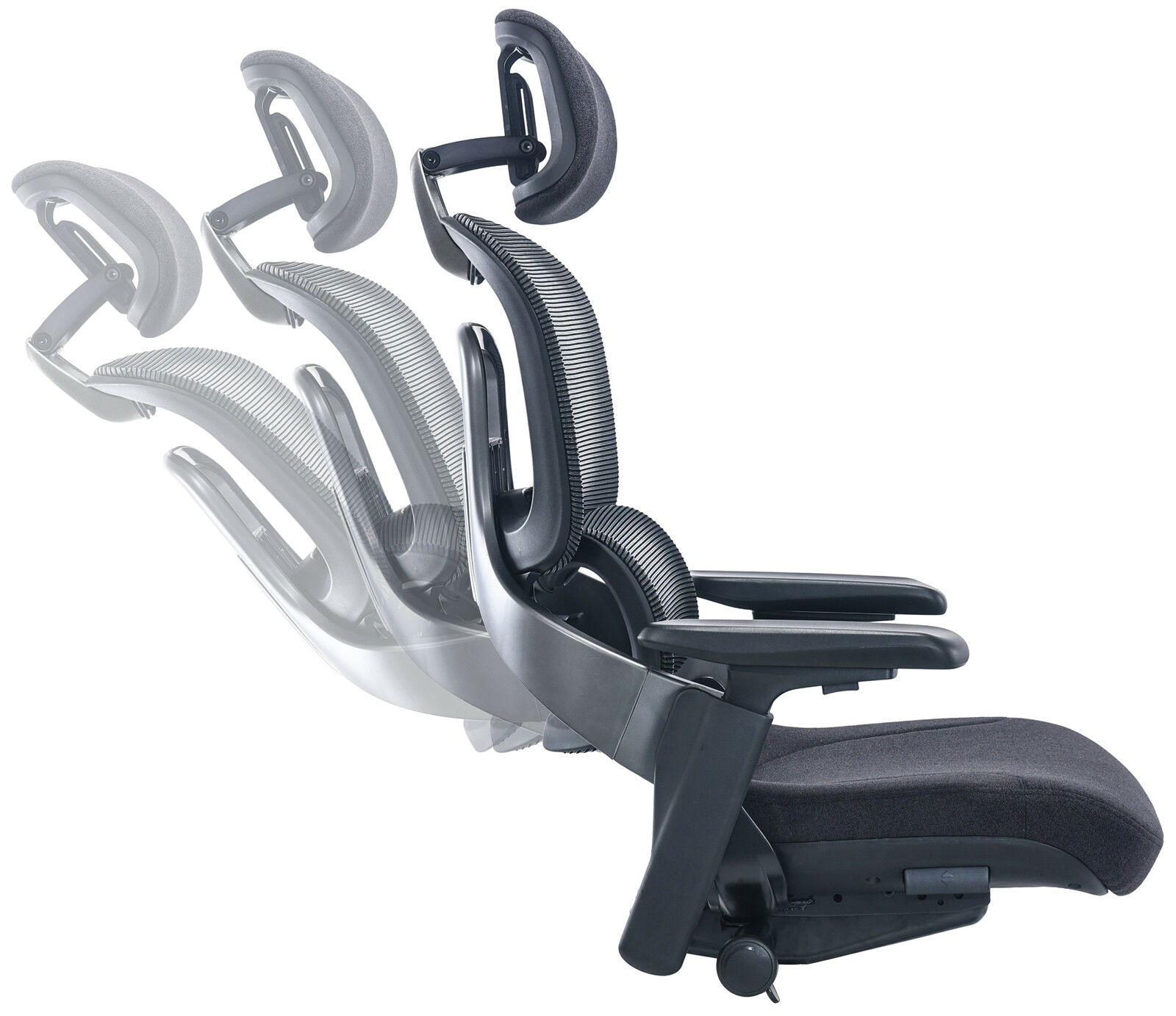 Ergonomischer Drehstuhl mit verstellbarer Rückenlehne und Kopfstütze, Seitenansicht