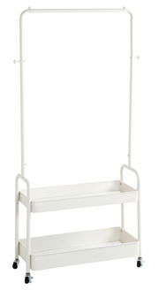 Weiße Rollgarderobe mit zwei Ablagefächern und Rollen, seitliche Ansicht