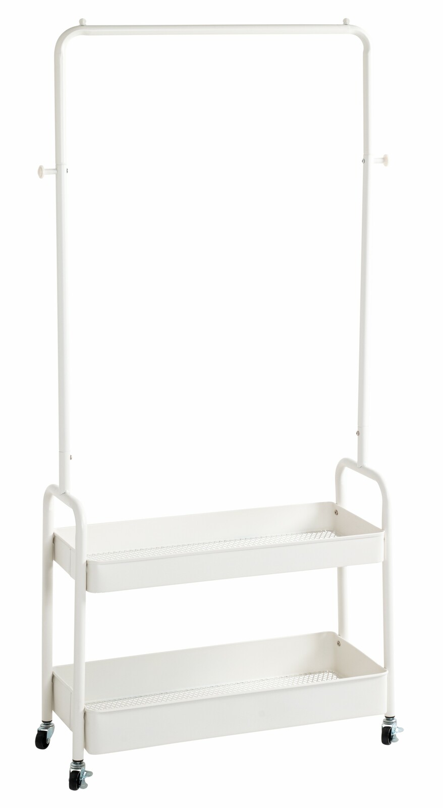 Weiße Rollgarderobe mit zwei Ablagefächern und Rollen, seitliche Ansicht