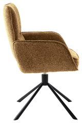 Seitenansicht eines braunen Armlehnstuhls mit schwarzem Metallgestell