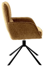 Seitenansicht eines braunen Armlehnstuhls mit schwarzem Metallgestell