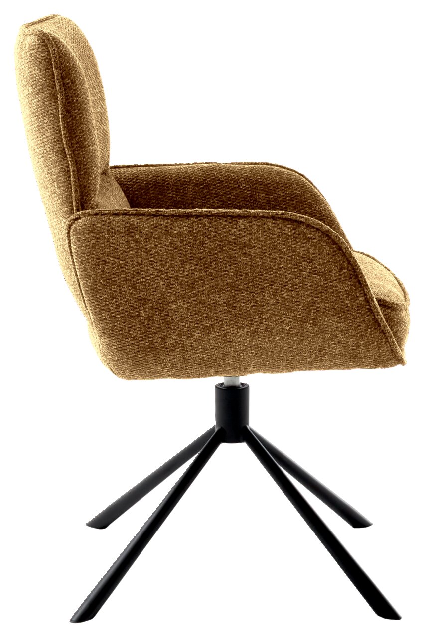 Seitenansicht eines braunen Armlehnstuhls mit schwarzem Metallgestell