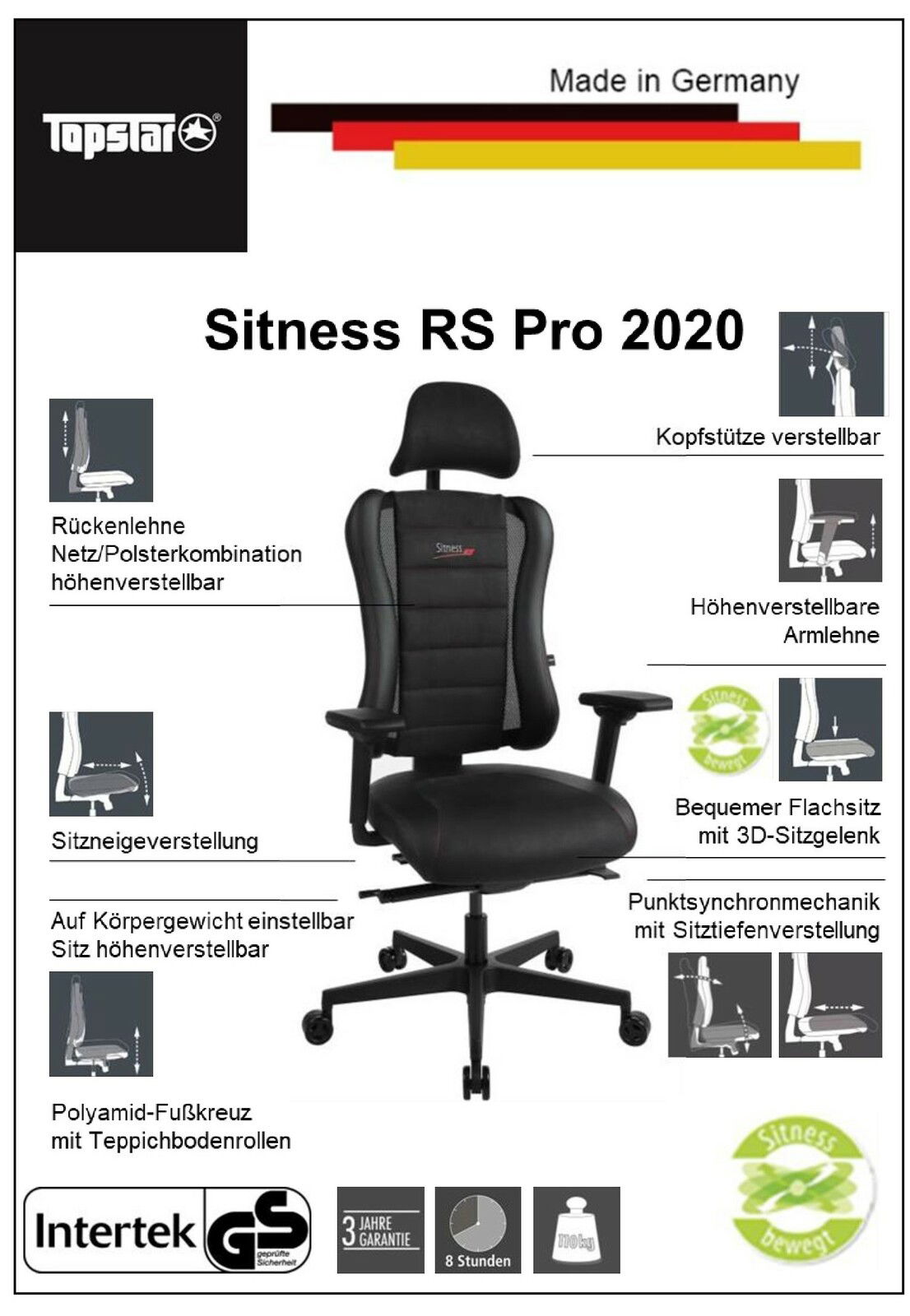 Gaming Stuhl Sitness RS Pro 2020 in Frontalansicht mit verstellbarer Kopfstütze, höhenverstellbaren Armlehnen und ergonomischem Design.