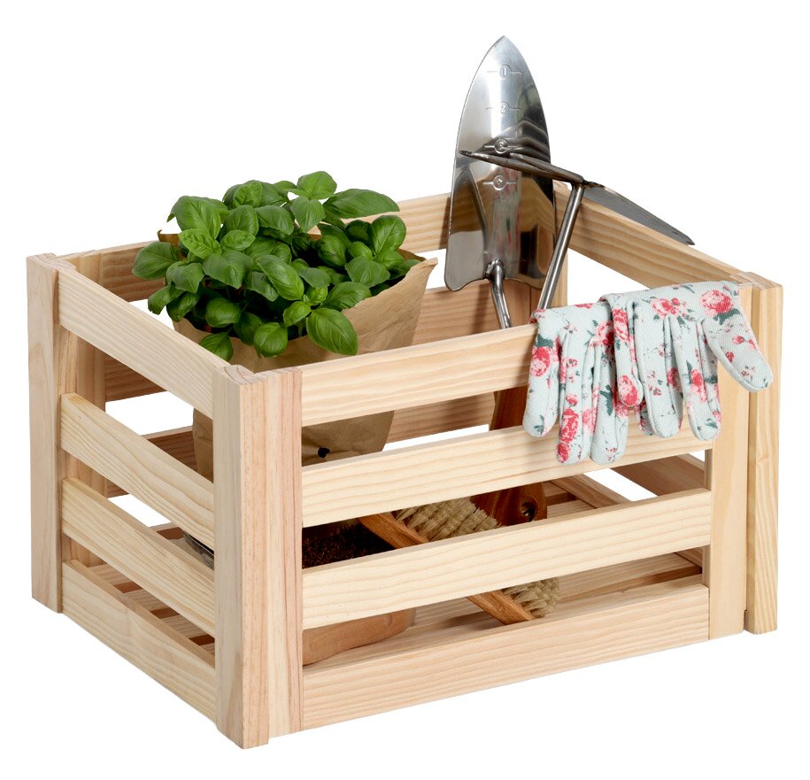Holz-Aufbewahrungskiste mit Gartenwerkzeugen, Handschuhen und einer Pflanze, seitliche Perspektive