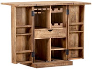 Geöffneter Bartheken-Schrank aus Holz mit Regalen und Schubladen, Frontalansicht