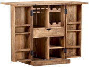 Geöffneter Bartheken-Schrank aus Holz mit Regalen und Schubladen, Frontalansicht