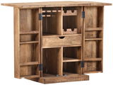 Geöffneter Bartheken-Schrank aus Holz mit Regalen und Schubladen, Frontalansicht