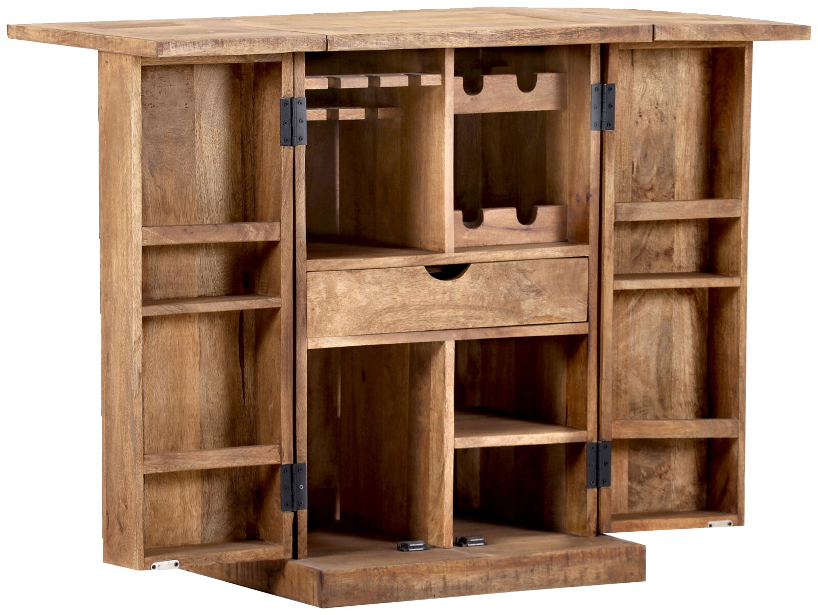 Geöffneter Bartheken-Schrank aus Holz mit Regalen und Schubladen, Frontalansicht