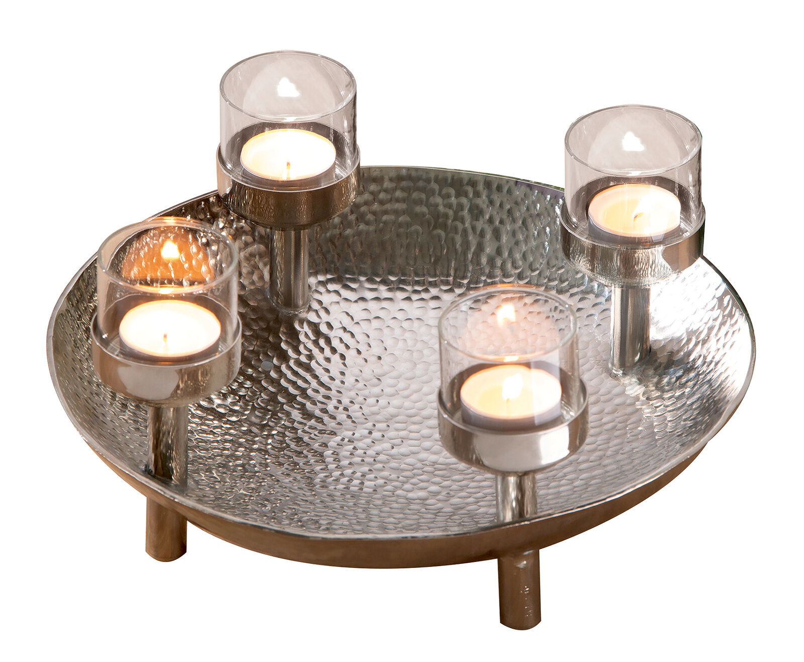 Dekorativer Kranz mit vier Teelichthaltern aus Metall, gehämmertes Design, seitliche Perspektive