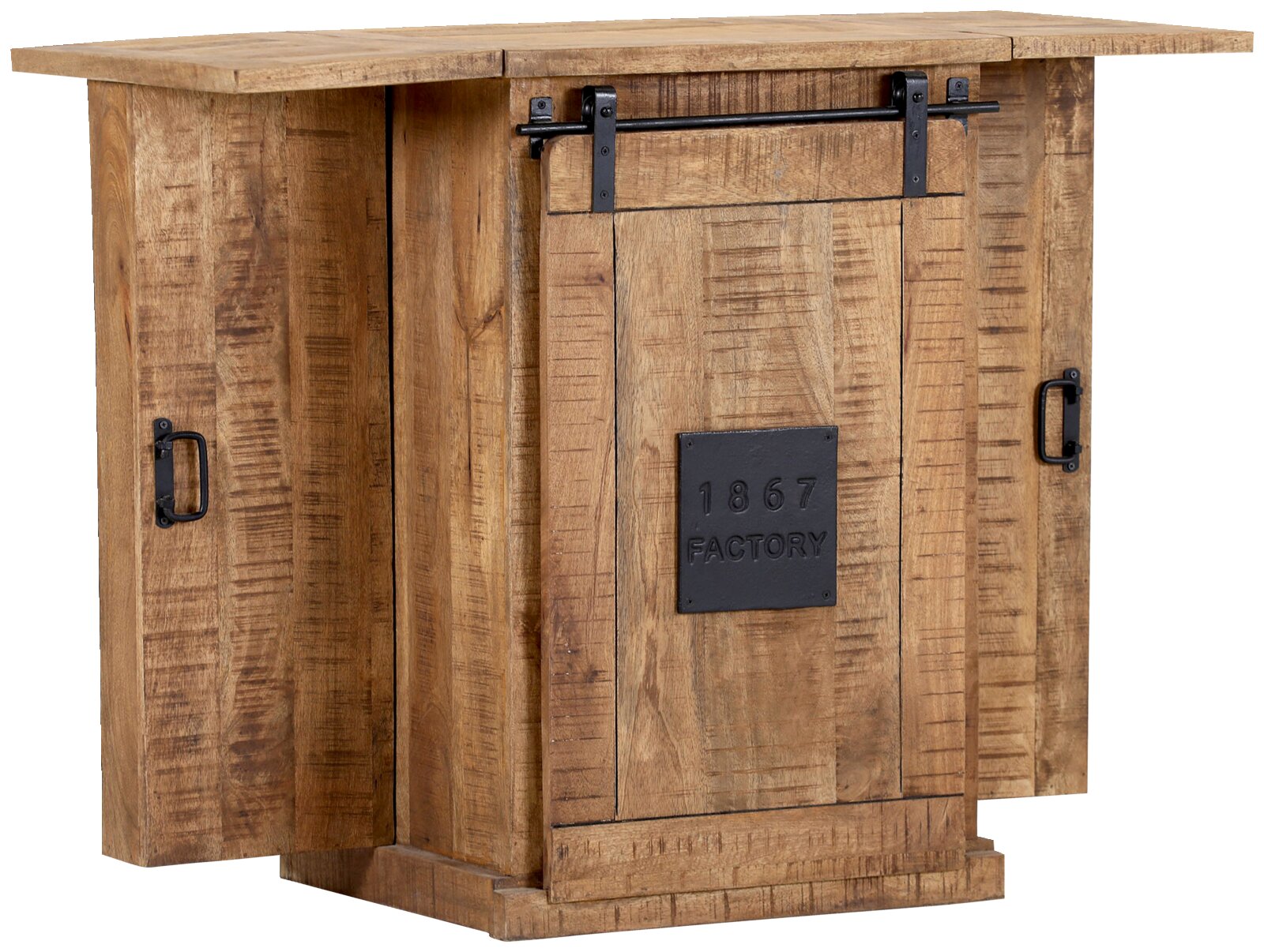 Rustikaler Bartheken-Schrank aus Holz mit Metallakzenten, Frontansicht