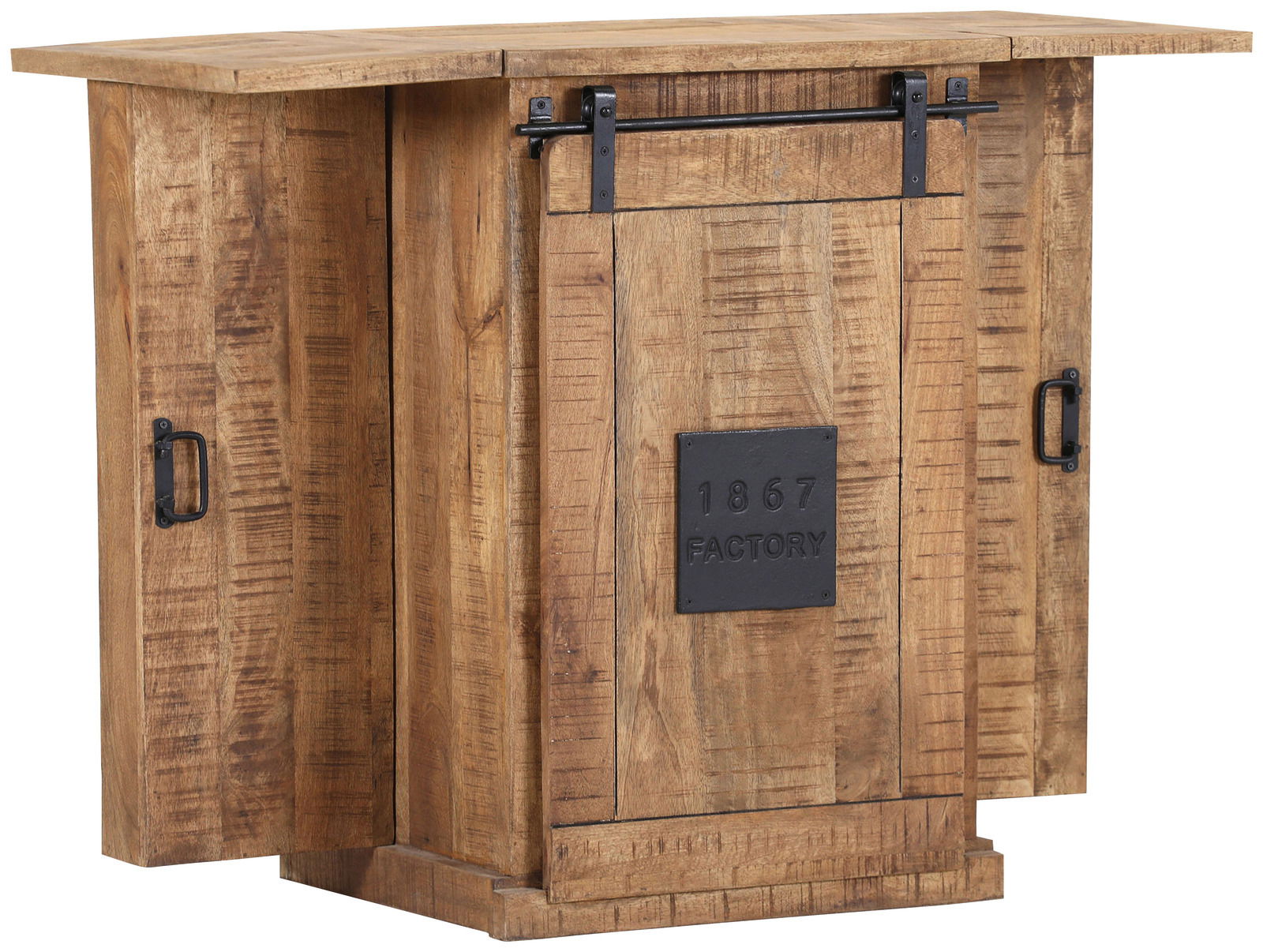 Rustikaler Bartheken-Schrank aus Holz mit Metallakzenten, Frontansicht