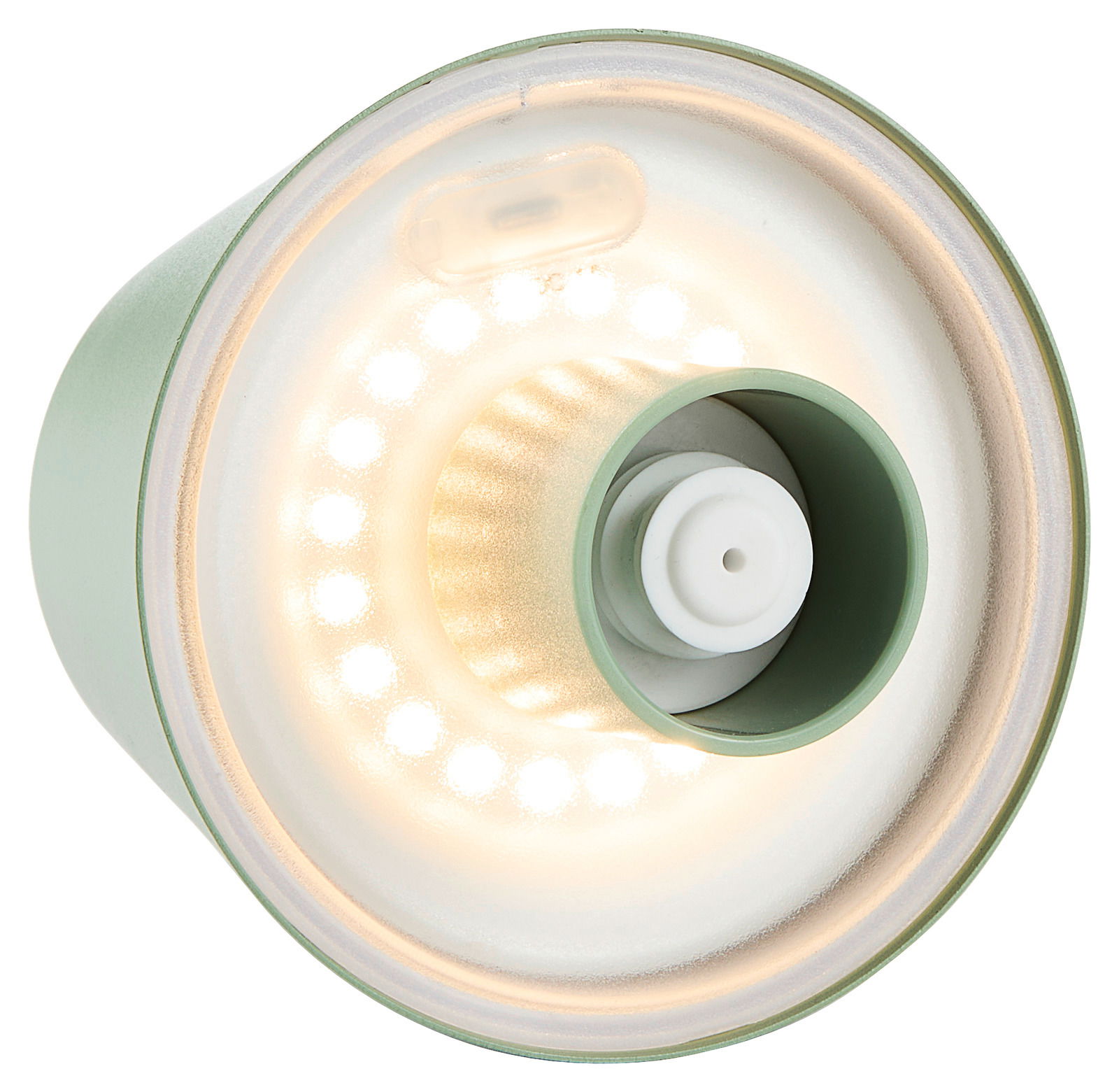 Ansicht von oben auf eine runde, grüne Akku-Tischleuchte mit leuchtenden LED-Lichtern.