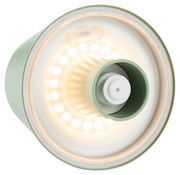 Ansicht von oben auf eine runde, grüne Akku-Tischleuchte mit leuchtenden LED-Lichtern.