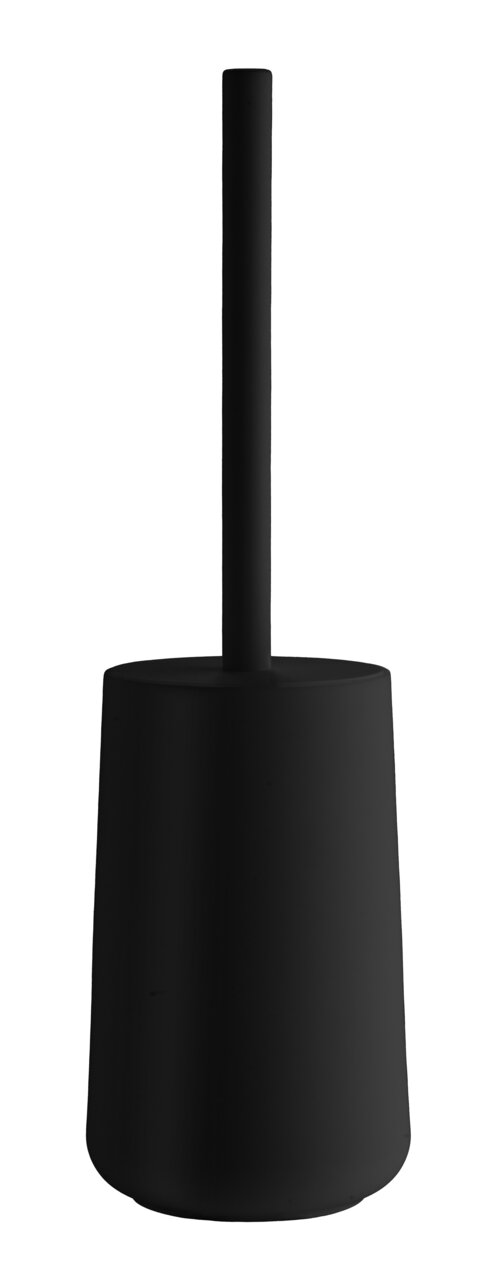 Schwarze WC-Bürste mit Behälter aus Kunststoff, frontal abgebildet.