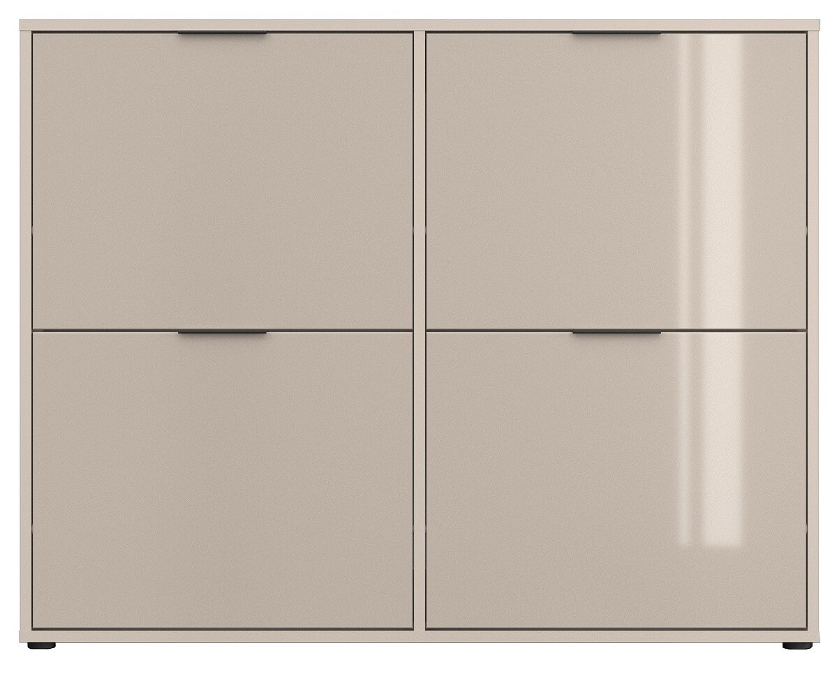 Beiger, moderner Schrank mit vier glatten Fronten und dezenten Griffleisten, frontale Ansicht