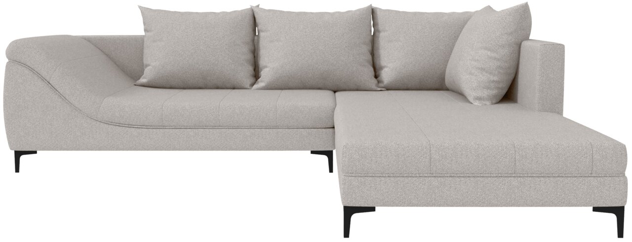 Beige Ecksofa mit Ottomane rechts, vier Kissen, schwarze Beine, Perspektive von vorne
