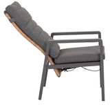 Seitenansicht eines modernen Loungesessels mit grauem Polster und Metallrahmen.