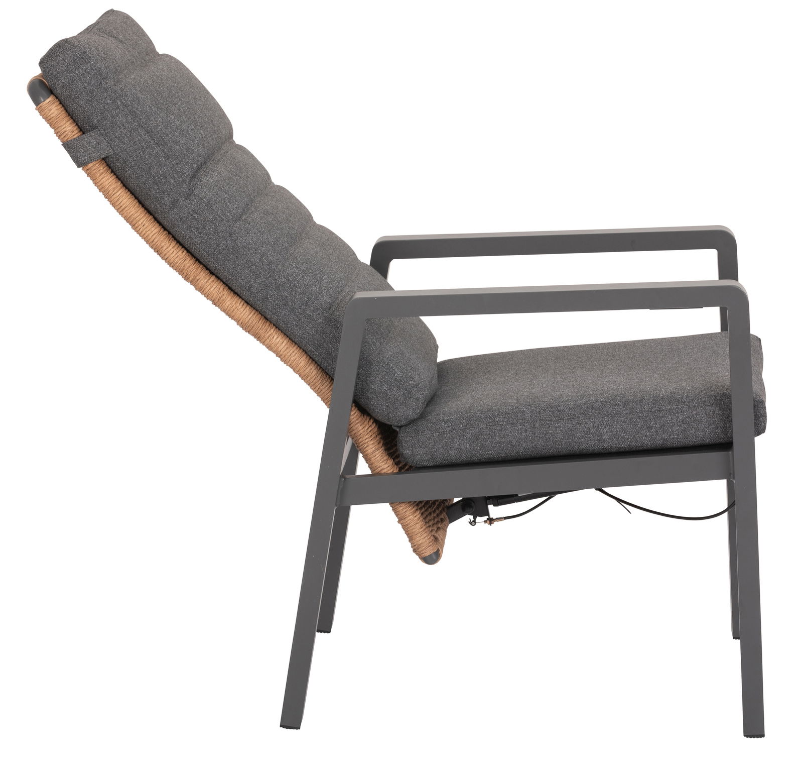 Seitenansicht eines modernen Loungesessels mit grauem Polster und Metallrahmen.