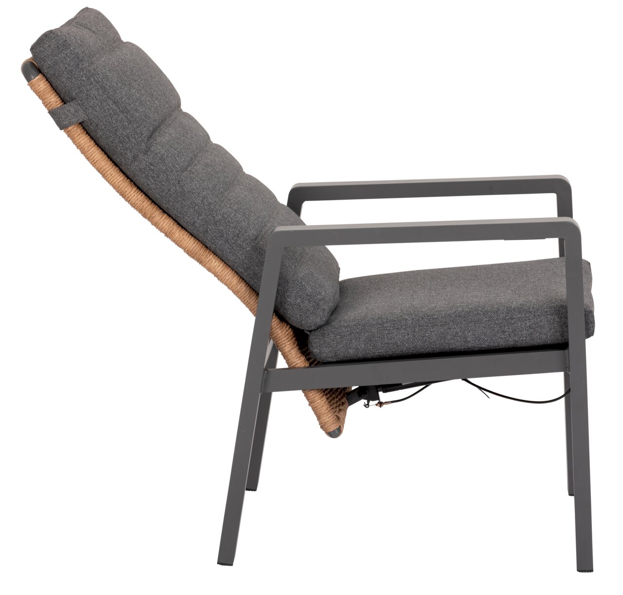 Zijaanzicht van een moderne loungestoel met grijze bekleding en een metalen frame.