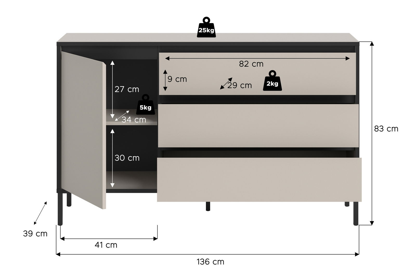 Frontale Ansicht eines Sideboards mit zwei Schubladen und einem offenen Schrankfach, Maße und Gewichtsangaben sichtbar.