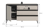 Frontale Ansicht eines Sideboards mit zwei Schubladen und einem offenen Schrankfach, Maße und Gewichtsangaben sichtbar.