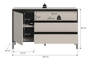 Frontale Ansicht eines Sideboards mit zwei Schubladen und einem offenen Schrankfach, Maße und Gewichtsangaben sichtbar.
