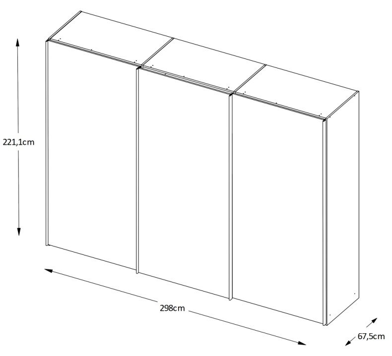 Isometrische Zeichnung eines Schwebetürenschranks mit den Maßen 221,1 cm Höhe, 298 cm Breite und 67,5 cm Tiefe.