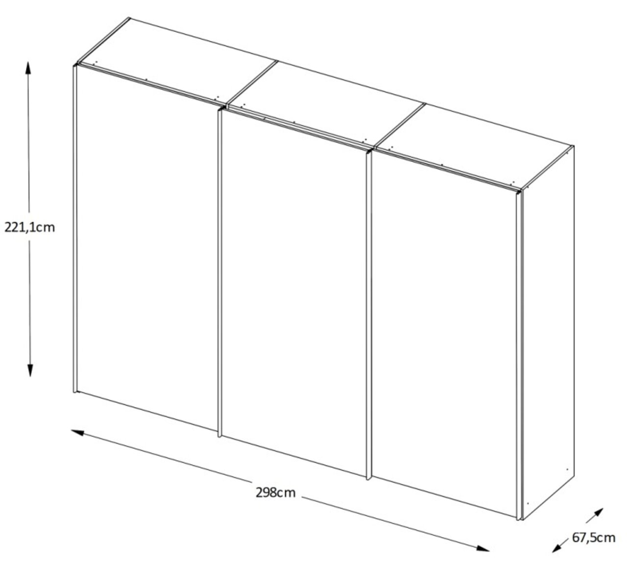 Isometrische Zeichnung eines Schwebetürenschranks mit den Maßen 221,1 cm Höhe, 298 cm Breite und 67,5 cm Tiefe.