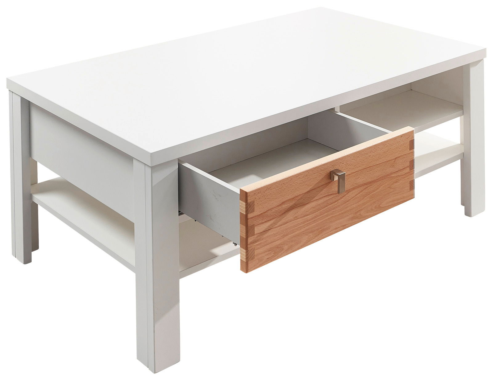 Weißer Couchtisch mit einer offenen Schublade aus Holz, seitliche Perspektive