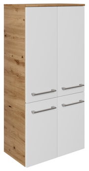Moderner Midischrank mit Holzoptik an der Seite und weißen Türen, seitliche Perspektive