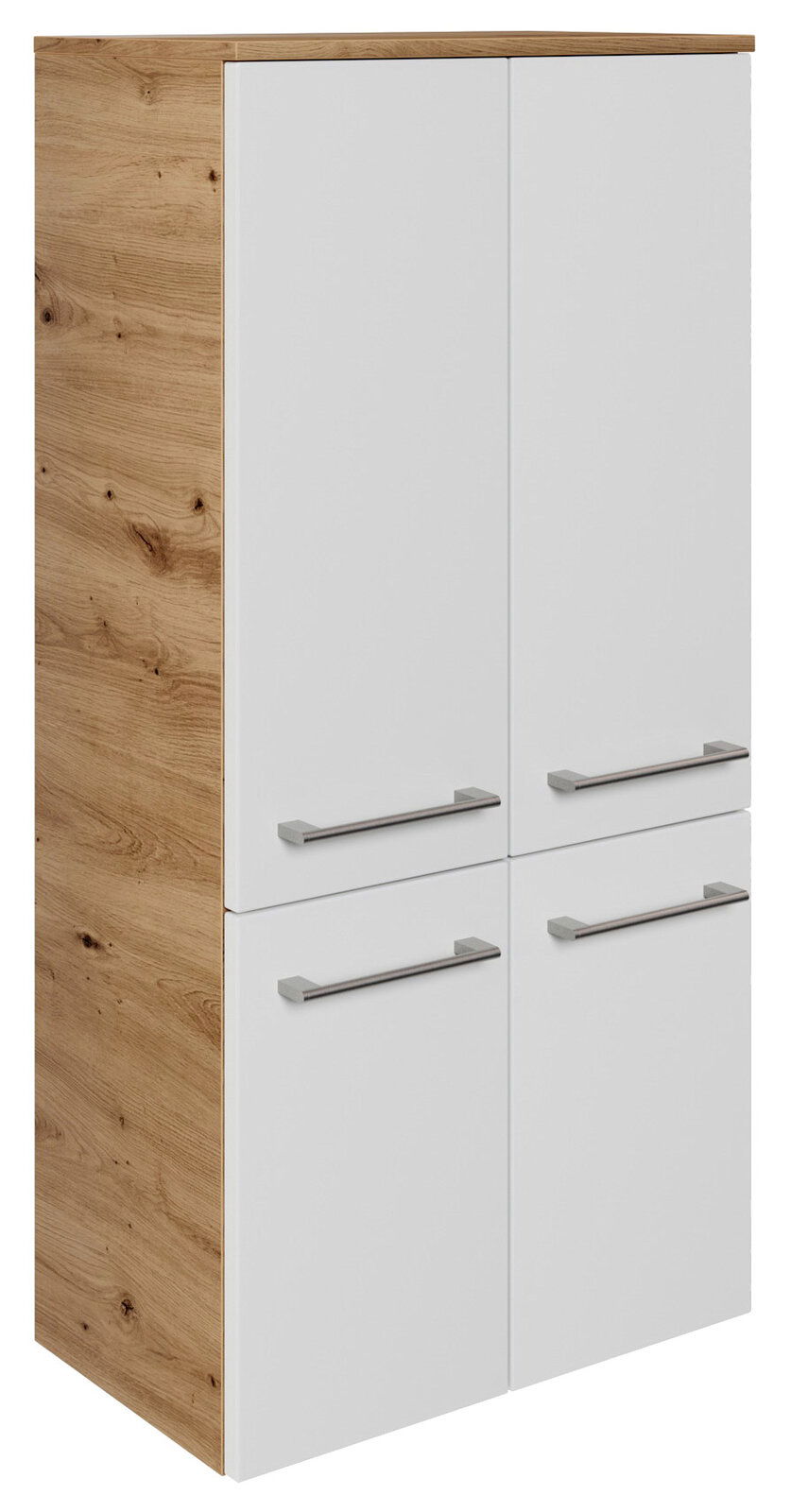 Moderner Midischrank mit Holzoptik an der Seite und weißen Türen, seitliche Perspektive