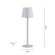 Akku-Tischleuchte EURIA in seitlicher Perspektive, 37 cm hoch, mit einem schlichten, modernen Design in Weiß.
