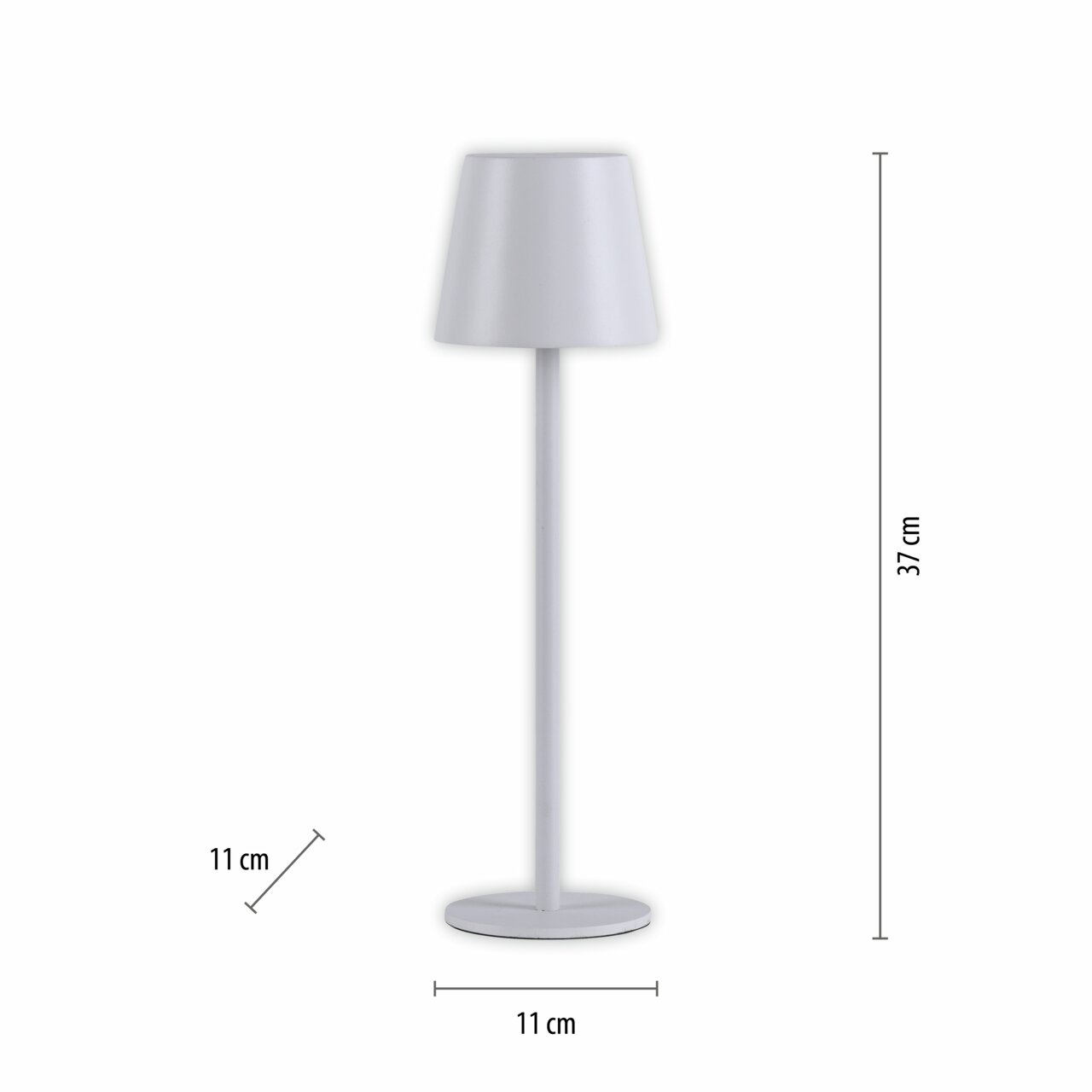 Akku-Tischleuchte EURIA in seitlicher Perspektive, 37 cm hoch, mit einem schlichten, modernen Design in Weiß.