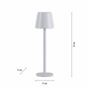 Akku-Tischleuchte EURIA in seitlicher Perspektive, 37 cm hoch, mit einem schlichten, modernen Design in Weiß.