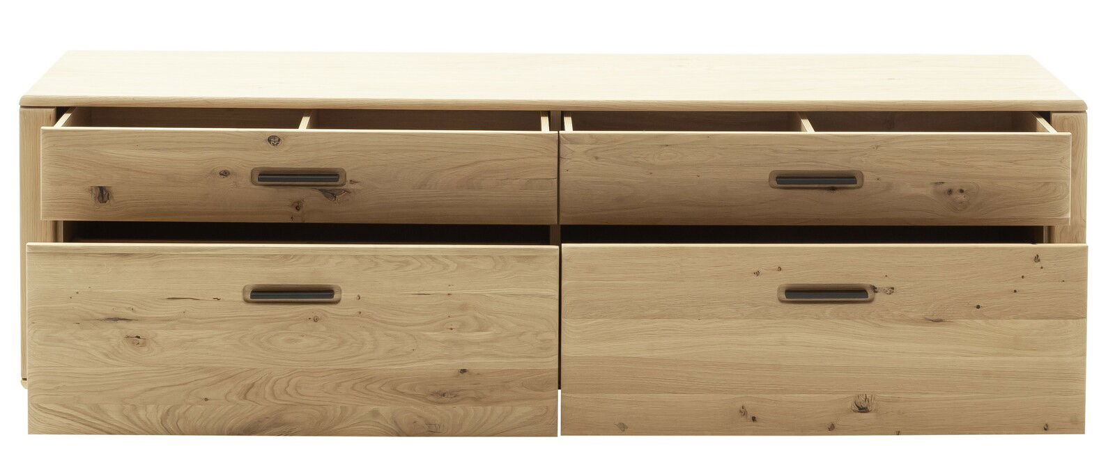 Frontansicht des Zurbrüggen TV-Elements ALENTO aus hellem Holz mit vier Schubladen und dunklen Griffen.